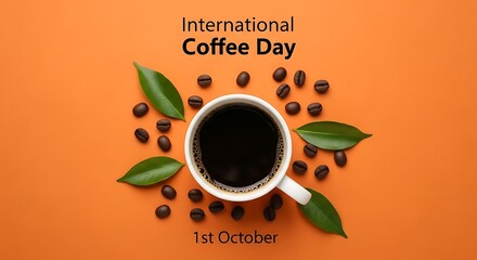 International coffee day celebrated with a cup of coffee and beans on october 1st