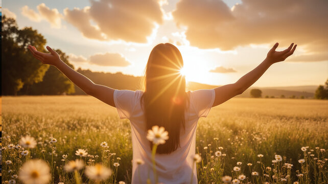 Silhouette of Person with Raised Arms in Wildflower Field – Golden Sunlight and Hopeful Gesture for Spirituality, Gratitude Expression, and Celebration of New Beginnings