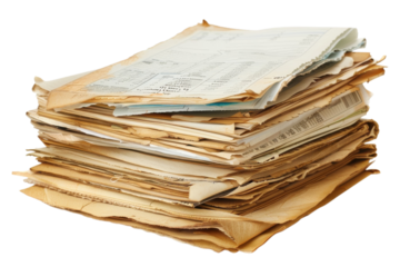 Stack of aged documents showing signs of wear, collected over time, ideal for research or historical study in a home or office setting