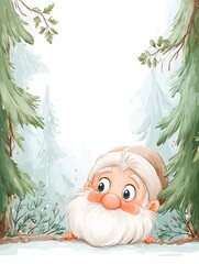 Whimsical winter gnome peeking from snow in forest – charming illustration with snowy trees, red nose, and playful Nordic atmosphere