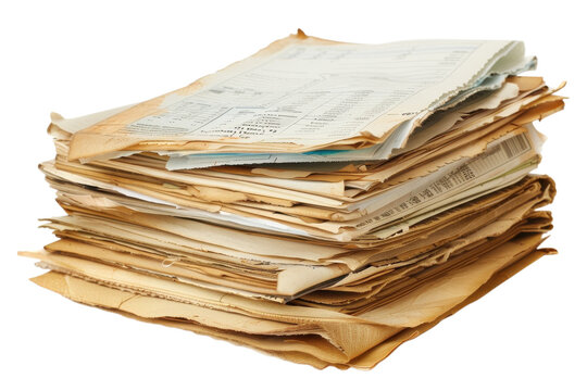 Stack of aged documents showing signs of wear, collected over time, ideal for research or historical study in a home or office setting