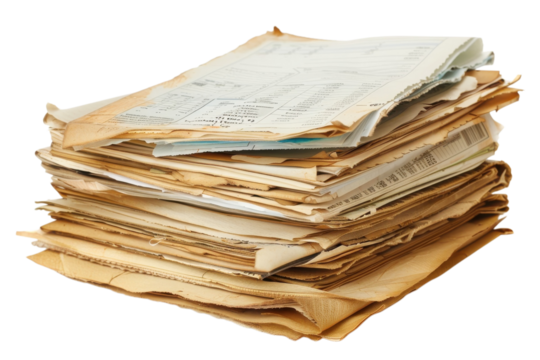 Stack of aged documents showing signs of wear, collected over time, ideal for research or historical study in a home or office setting