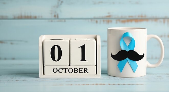 October 1st calendar and mug with blue ribbon and mustache for mens health awareness