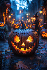 Naklejka premium Halloween pumpkins in the woods.