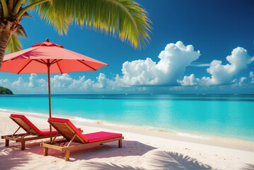 Obraz premium Summer Vacation Sale Banner - Tropical Beach with Palm Trees and Loungers for June Travel Deals and May Holiday Promotions