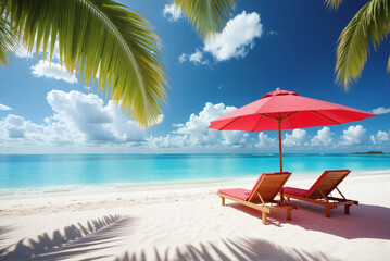 Obraz premium Tropical Beach Paradise – Lounge Chairs and Red Umbrella on White Sand with Crystal Blue Waters for Summer Vacation Deals, June Travel Promotions, and Holiday Planning