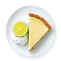 Slice of Key Lime Pie with Whipped Cream and Lime Garnish on a White Plate