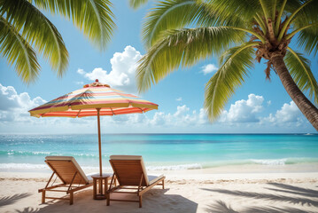 Obraz premium Summer Sale Banner - Tropical Beach with Lounge Chairs and Palm Trees for June Travel Deals, Vacation Discounts, and May Holiday Promotions