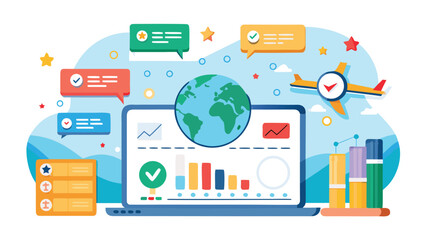 Global business analytics and data visualization with charts graphs and airplane cloud
