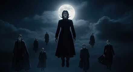 Surreal nocturnal gathering of enigmatic figures silhouetted against luminous moon and cloudy