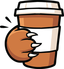 A cartoon bear paw with sharp claws tightly gripping a disposable coffee cup. © Dessy