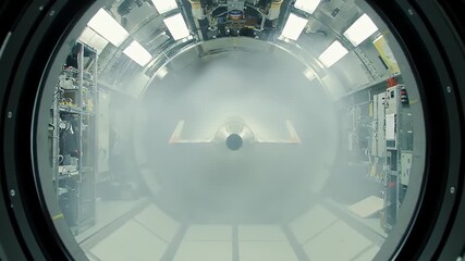 Static Medium Shot Inside Hypersonic Wind Tunnel Testing Room Showcasing Silver Aircraft Model in a Cutting Edge Aerospace Engineering Research Facility for Air Travel and Technological Innovation