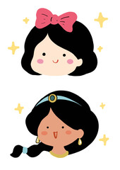 Cute little princess illustration elements -  snow white and jasmine. Wonderland