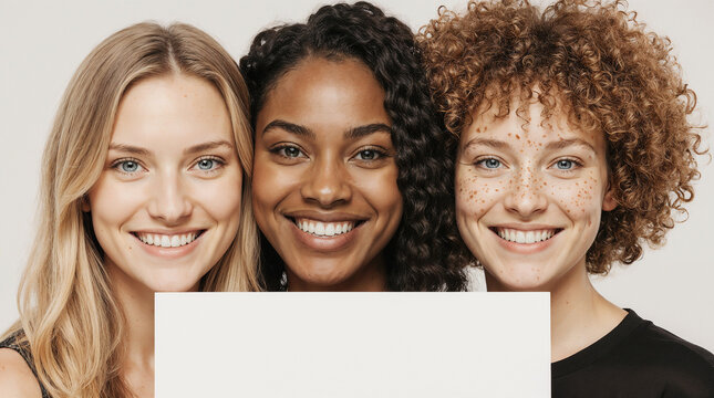 A hyper-realistic portrait of three women - a fair-skinned blonde with blue eyes, a dark-skinned brunette with curly hair and dark eyes, and a red-haired girl with curly hair, green eyes and freckles