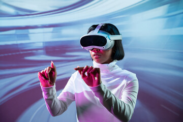 Latin woman engaging with virtual reality technology