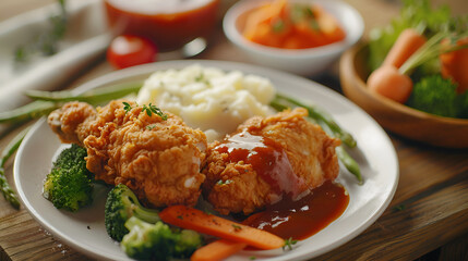 A plate of fried chicken with mashed potatoes broccoli carrots and gravy on a wooden table top view .