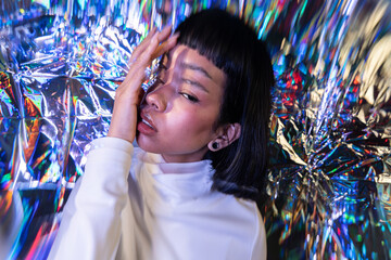 Futuristic latin woman in a vibrant metaverse setting