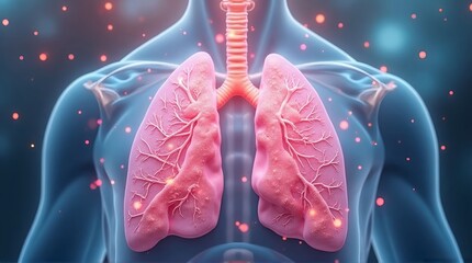 Illustration of human lungs and torso with particles in the background