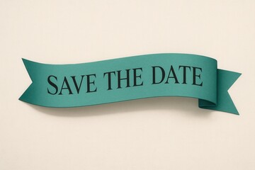 Green ribbon banner with the text "SAVE THE DATE" in bold black lettering on a neutral background, suitable for event announcements and invitations.