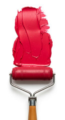 Naklejka premium Red paint roller with textured paint stroke, showcasing creative process or design concept, ideal for art, design, and DIY projects