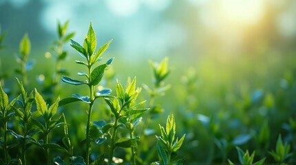 Obraz premium Close up of green plants with sunlight shining through the background blur