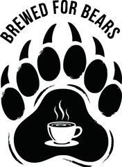 Black and white graphic of a bear paw print with a steaming coffee cup in the center, reading 