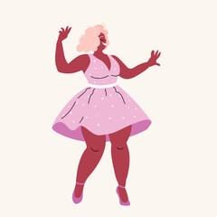 Beautiful plus size woman in sexy dress dancing. Self-love and body positivity. Modern flat vector illustration  isolated on light background.