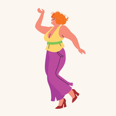 Beautiful plus size woman dancing. Self-love and body positivity. Modern flat vector illustration  isolated on light background.