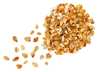 Scattered pile granola flakes oatmeal isolated on a transparent background. Full depth of field. Top view. PNG.