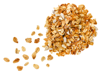 Scattered pile granola flakes oatmeal isolated on a transparent background. Full depth of field. Top view. PNG.