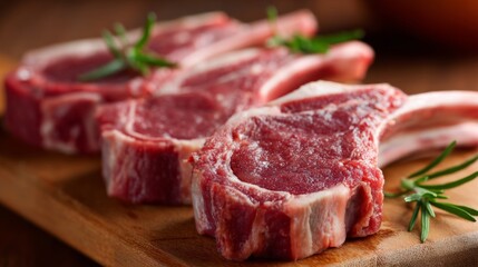 Obraz premium A close-up of raw lamb chops with bone, laid out on a butcher's board, the fresh pink and red meat gleaming under soft lighting