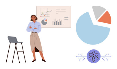 Professional woman stands by chair, presenting data with graphs, pie charts, and a scientific icon. Ideal for data analysis, presentation, science, teamwork, education business strategy simple flat