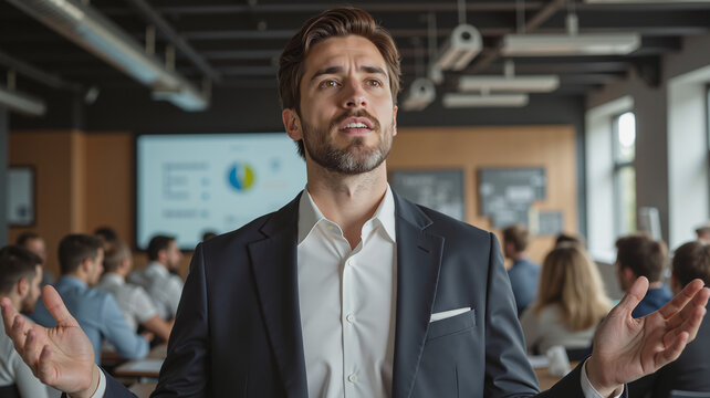 Professional Speaker Gesturing During Business Presentation - Corporate Trainer With Confident Body Language for Leadership Seminars, Team Building Events, and Executive Training Programs