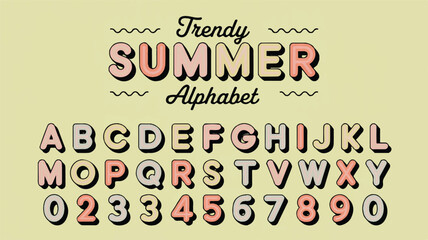 A retro-style poster design showcasing a trendy summer alphabet with a 3D vintage effect