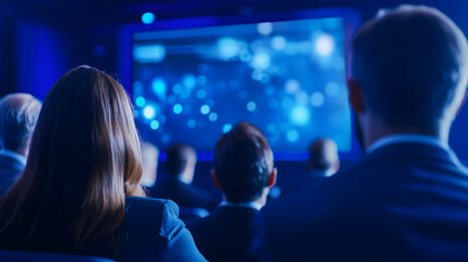 Audience from behind watching a large screen in a dark conference hall, perfect for business presentations and events