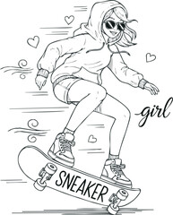Line art illustration of a girl skateboarding, wearing a hoodie and sunglasses, with hearts and wind swirls in the background.