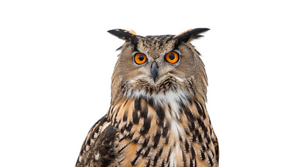 Close-Up of a Majestic Owl with Striking Orange Eyes in Focus On a transparent background