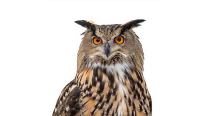 Close-Up of a Majestic Owl with Striking Orange Eyes in Focus On a transparent background