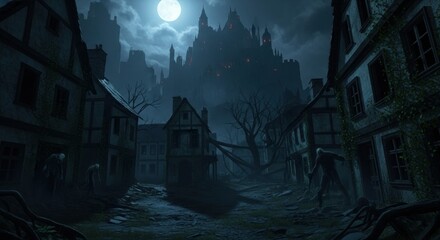 Eerie moonlit medieval village scene with imposing castle looming over the forsaken environment