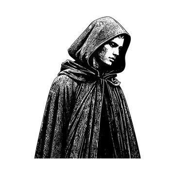 Man wear hood engraving sketch engraving black and white outline. Scratch board imitation.  illustrated in vintage line art style on a white background.
