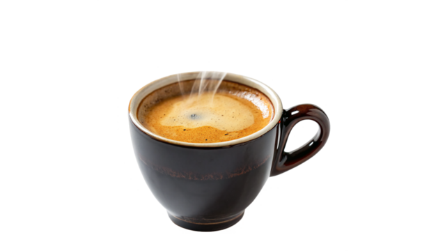Steaming Cup of Espresso Coffee in a Black Ceramic Mug On a transparent background