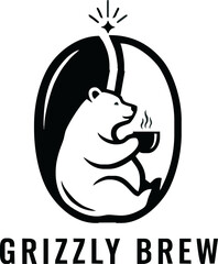 A black and white logo for Grizzly Brew, showing a bear sitting inside a coffee bean holding a steaming cup.