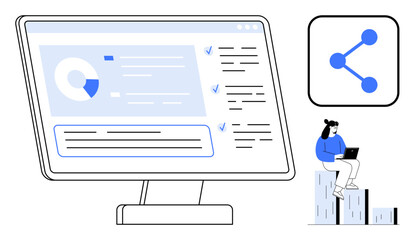 Computer monitor displaying analytics, checklist, and chart. Person with laptop sits on stacked bars. Sharing icon visual. Ideal for teamwork, tech workflow, data, connectivity strategy education