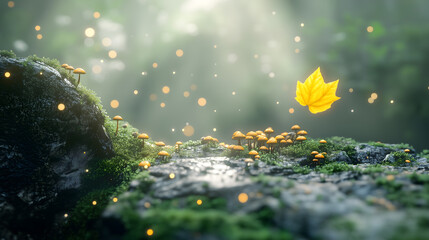 Small mushrooms growing among mossy rocks