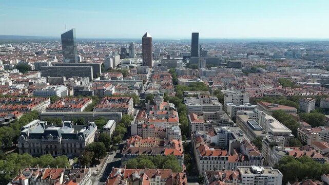 Aerial view of Lyon's urban landscape, where modern skyscrapers rise amidst historical buildings, creating a captivating blend of old and new, Lyon, Auvergne-Rh&ocirc;ne-Alpes, France.