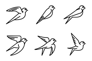 Soaring Avian Forms: A collection of stylized avian illustrations, each showcasing a graceful swallow in various poses, from soaring flight to poised tranquility.
