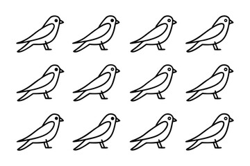 Bird Symphony: A minimalist illustration of twelve songbirds in neat rows, offering a sense of order and serenity. The birds are arranged to create an understated, calming experience.