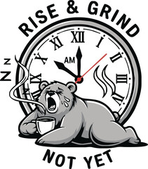 A tired bear, holding a coffee cup, yawns in front of a clock with 