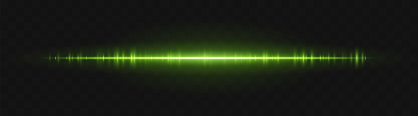 Soundwave. Thin light stripe with soft glow and frequency rhythm on transparent background. Ideal for voice, audio, pulse, signal or waveform interface.