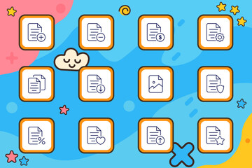 Document set icon. Paper icons with plus, minus, heart, shield, percentage, dollar, clock, upload, download, gear, and star symbols outlined in colorful tiles